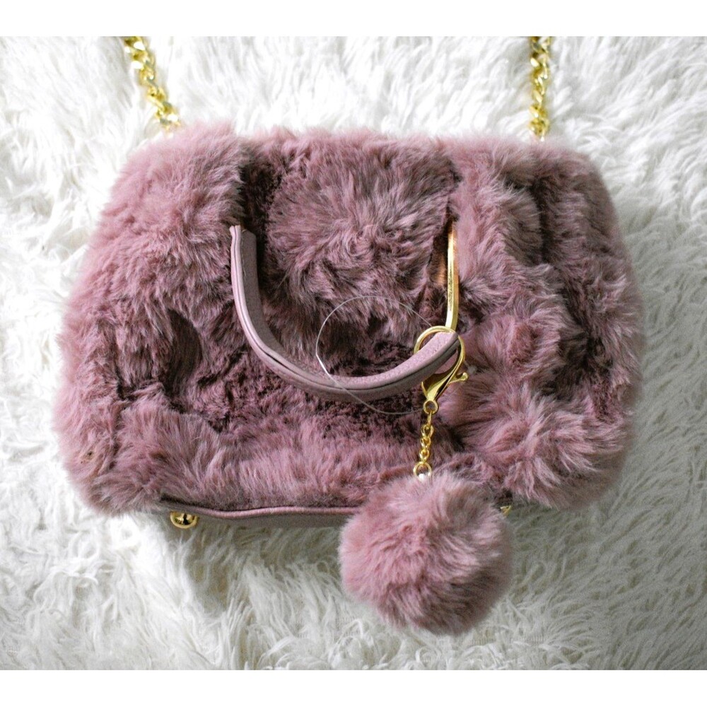 Isaac Mizrahi Faux Fur Mini Satchel Crossbody Bag Mauve Pink w/ Gold Chain + Pom